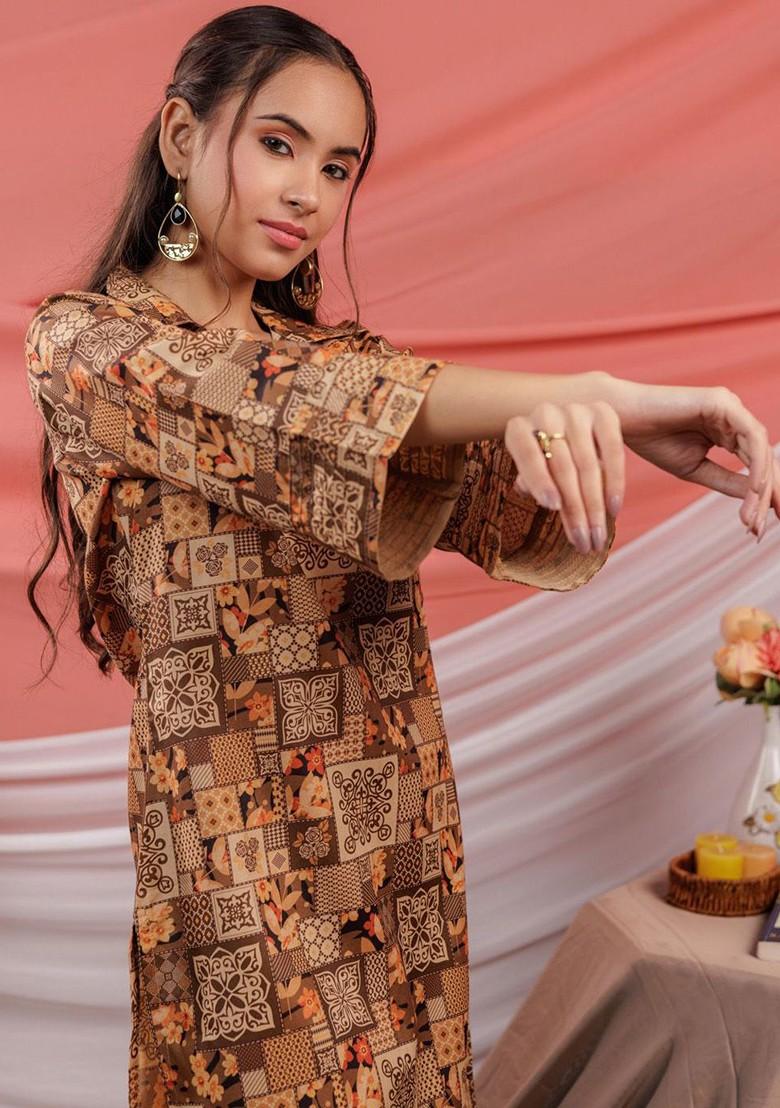 Brown Digital Printed Shirt Collar Pure Cotton Tunic With Palazzos