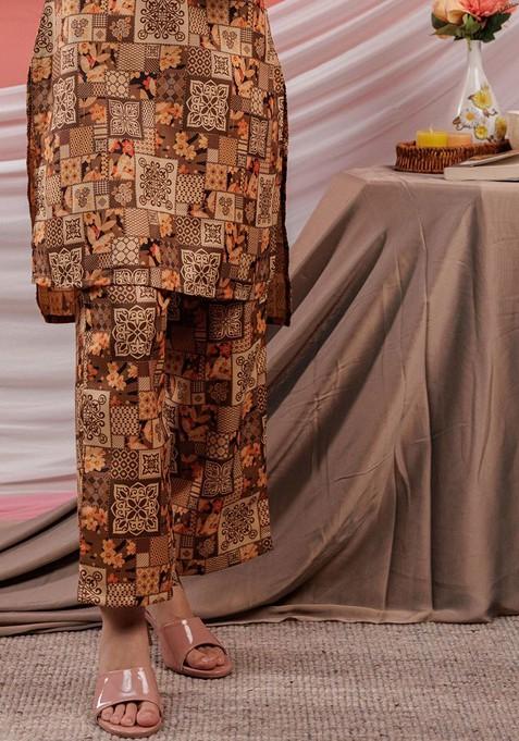 Brown Digital Printed Shirt Collar Pure Cotton Tunic With Palazzos