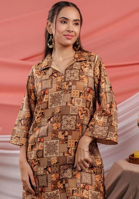 Brown Digital Printed Shirt Collar Pure Cotton Tunic With Palazzos