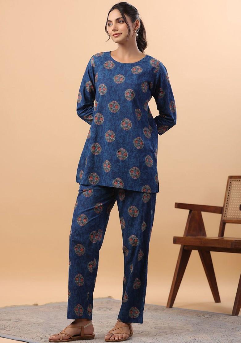 Blue Round Neck Tunic With Trousers Coords
