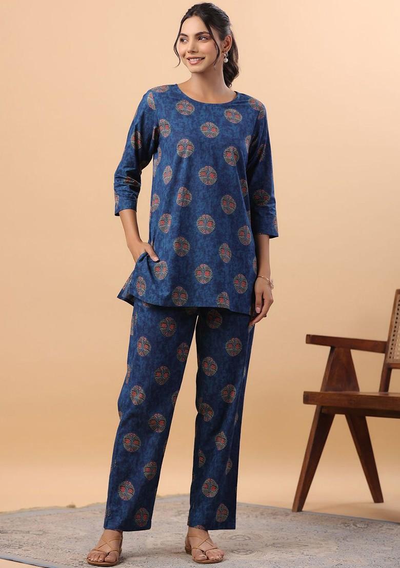 Blue Round Neck Tunic With Trousers Coords