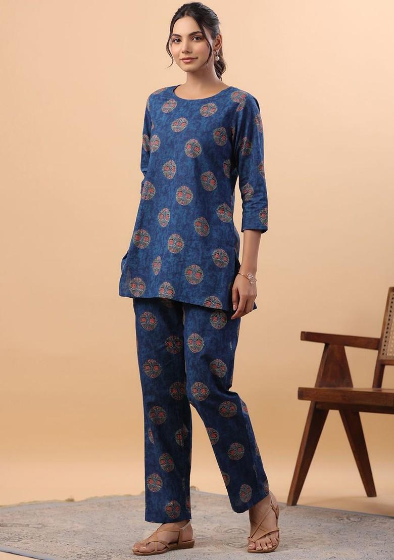 Blue Round Neck Tunic With Trousers Coords - Indya