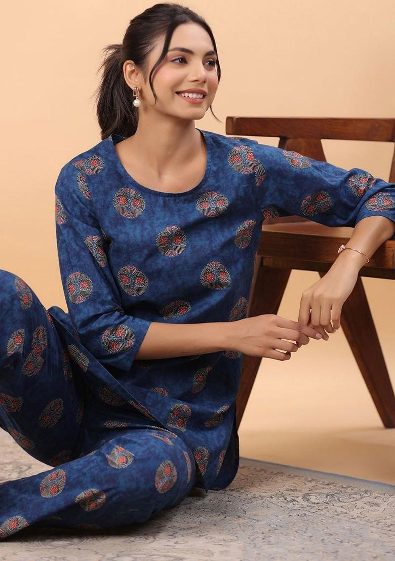 Blue Round Neck Tunic With Trousers Coords