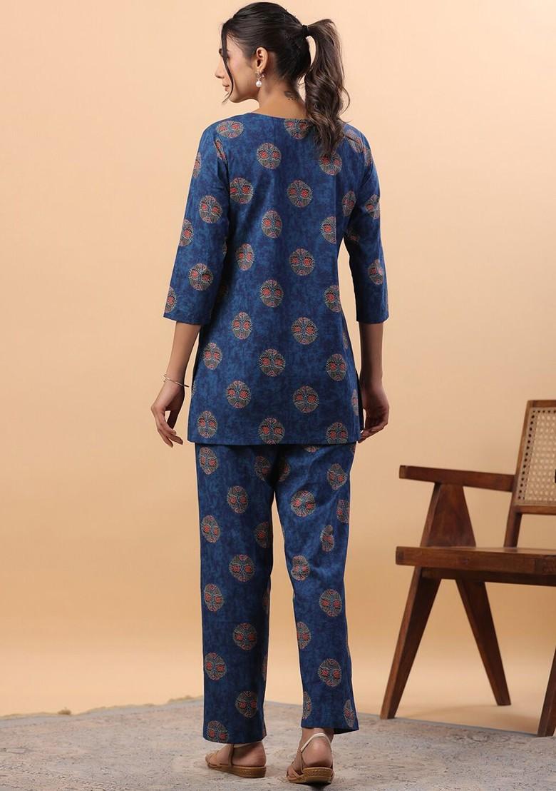 Blue Round Neck Tunic With Trousers Coords