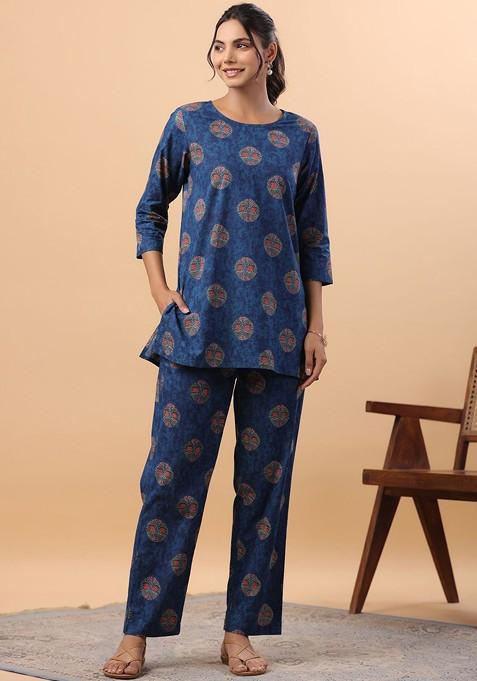 Blue Round Neck Tunic With Trousers Coords