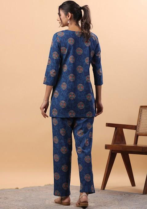 Blue Round Neck Tunic With Trousers Coords