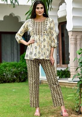 Beige Ethnic Motif Printed Pure Cotton Tunic And Trousers