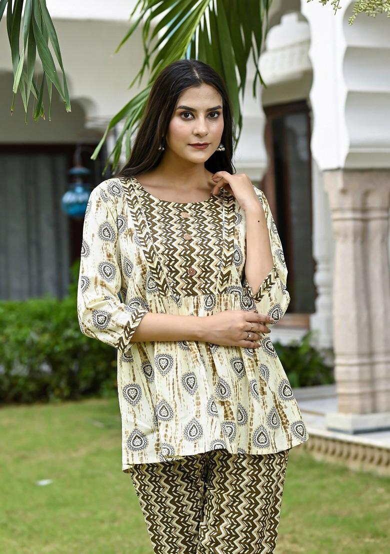 Beige Ethnic Motif Printed Pure Cotton Tunic And Trousers