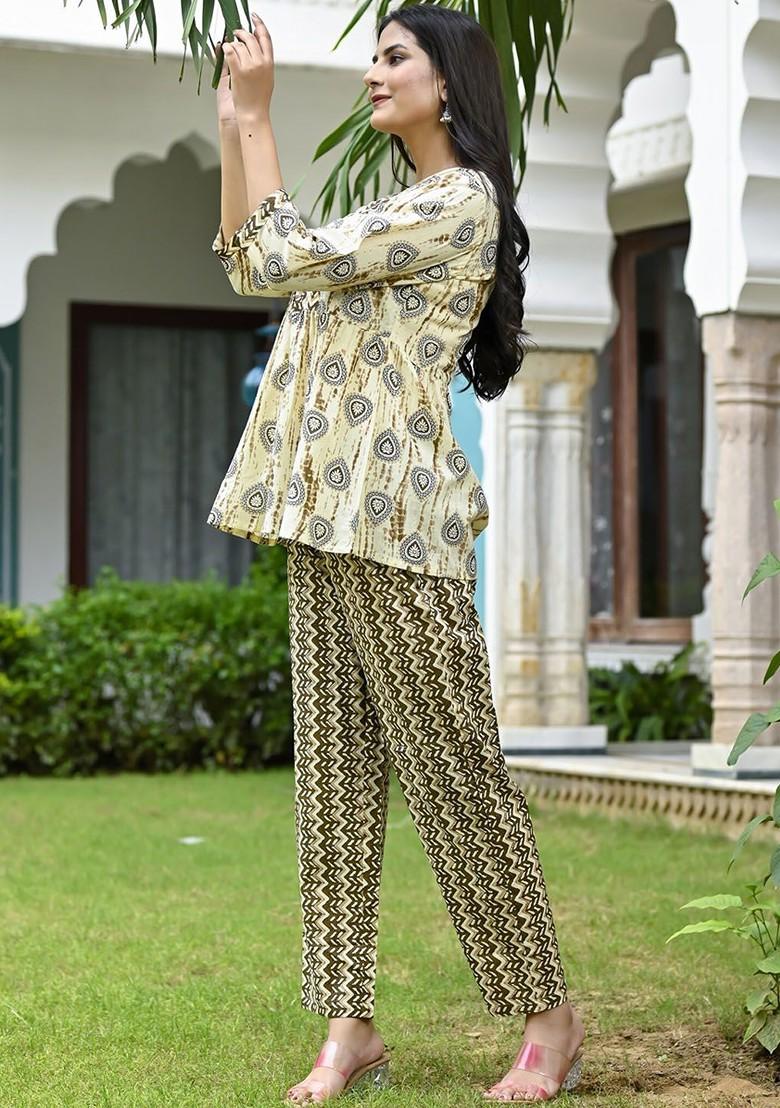 Beige Ethnic Motif Printed Pure Cotton Tunic And Trousers