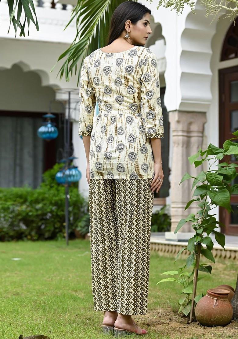 Beige Ethnic Motif Printed Pure Cotton Tunic And Trousers