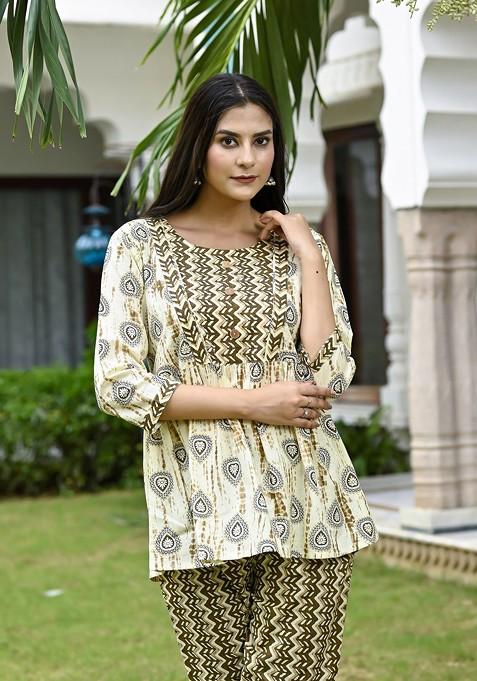 Beige Ethnic Motif Printed Pure Cotton Tunic And Trousers