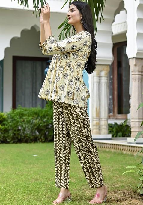 Beige Ethnic Motif Printed Pure Cotton Tunic And Trousers