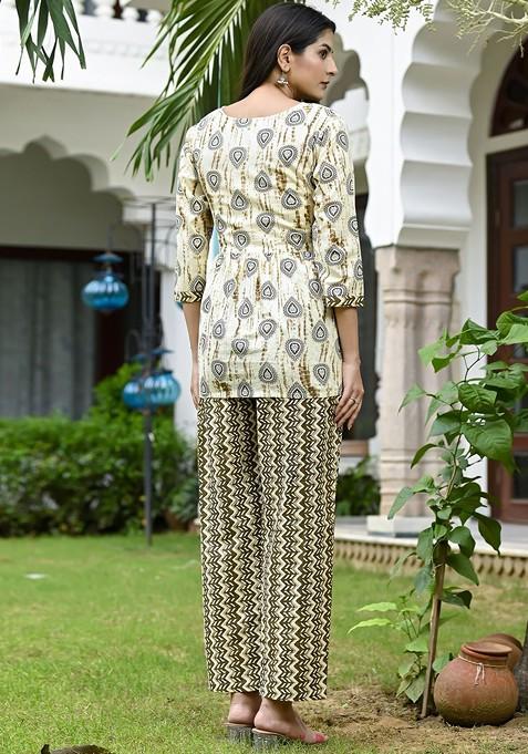 Beige Ethnic Motif Printed Pure Cotton Tunic And Trousers