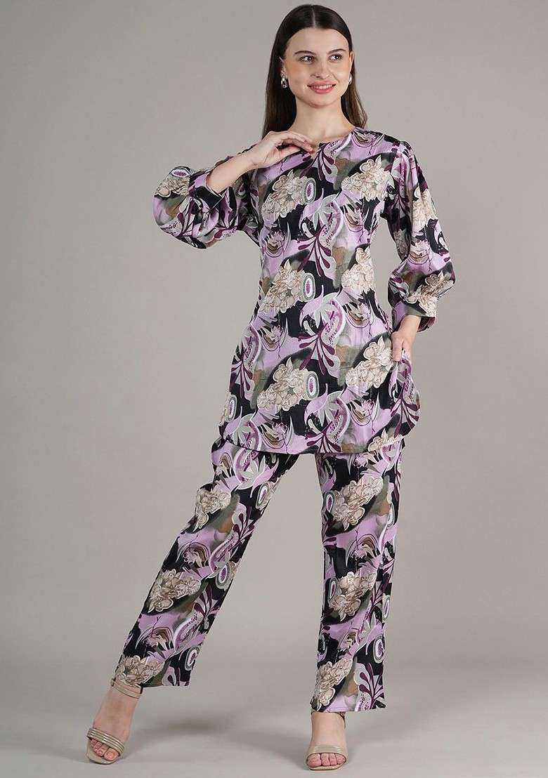 Purple Floral Printed Regular Tunic With Palazzos - Indya