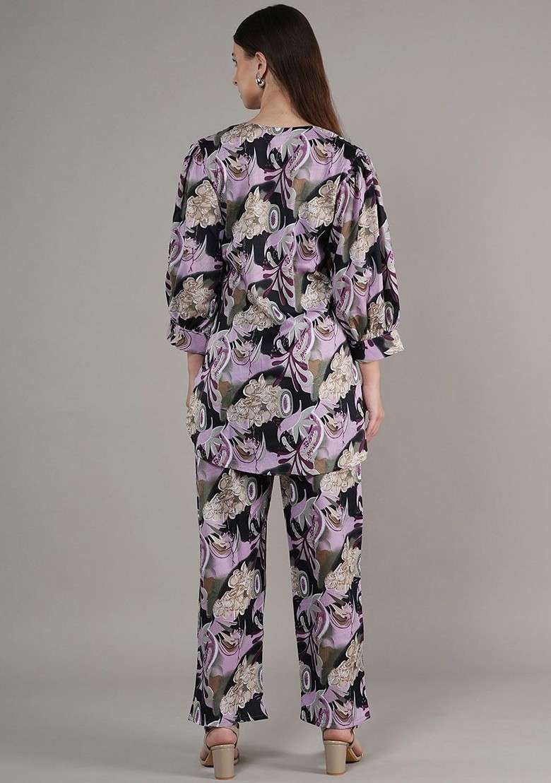 Purple Floral Printed Regular Tunic With Palazzos - Indya