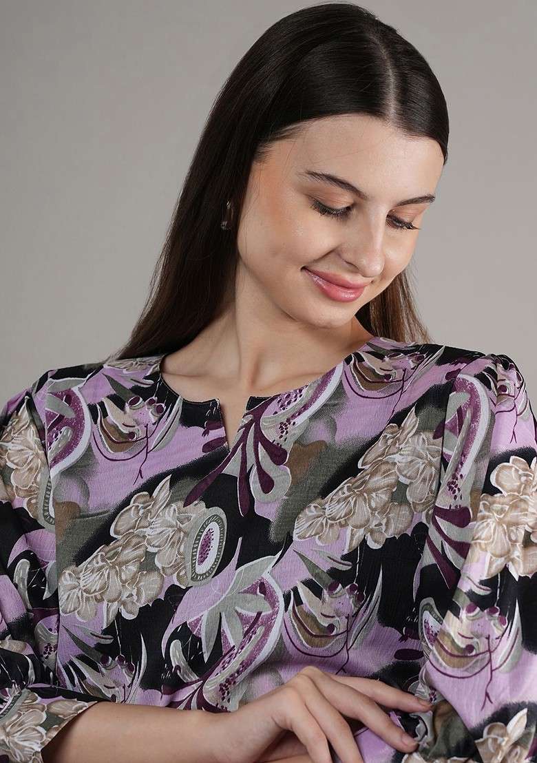 Purple Floral Printed Regular Tunic With Palazzos - Indya