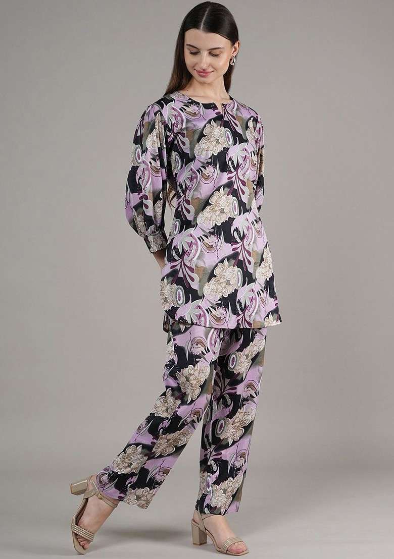 Purple Floral Printed Regular Tunic With Palazzos - Indya