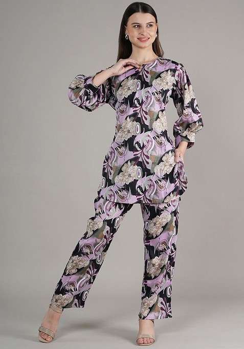 Purple Floral Printed Regular Tunic With Palazzos