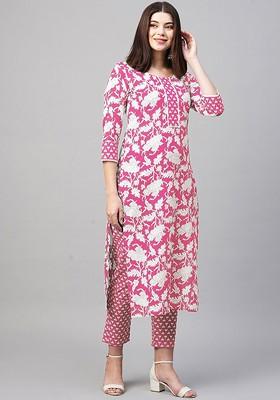 Pink Floral Printed Round Neck Straight Kurta With Trouser Coords