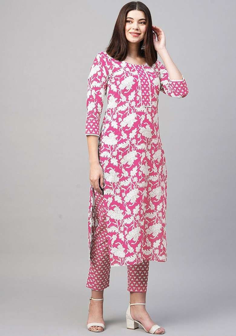 Pink Floral Printed Round Neck Straight Kurta With Trouser Coords - Indya