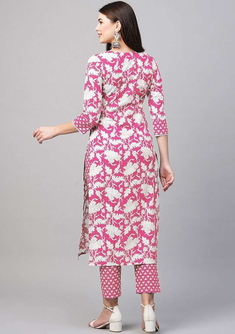 Pink Floral Printed Round Neck Straight Kurta With Trouser Coords - Indya