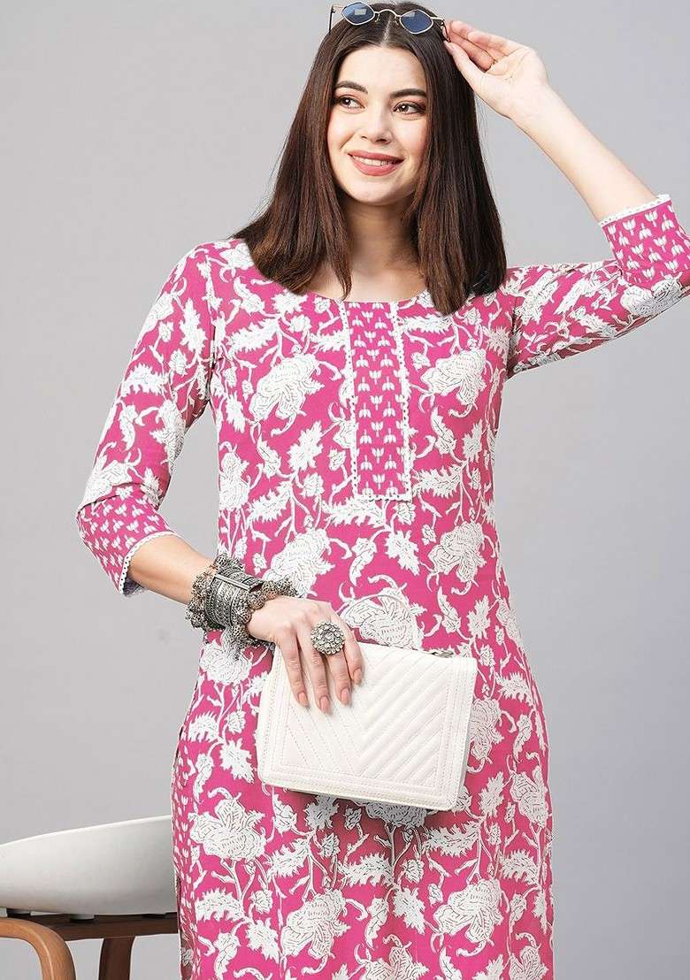 Pink Floral Printed Round Neck Straight Kurta With Trouser Coords - Indya