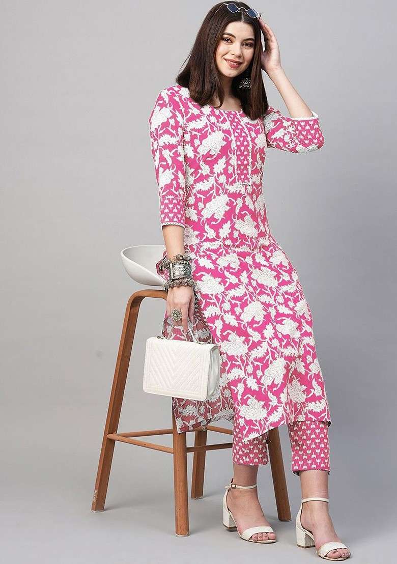 Pink Floral Printed Round Neck Straight Kurta With Trouser Coords - Indya