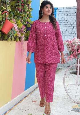 Pink Bandhani Printed Tunic With Trouser