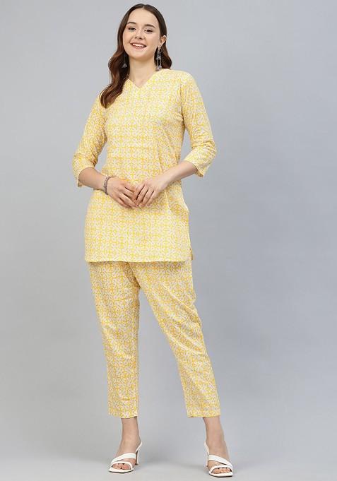 Yellow Ethnic Motifs Printed Pure Cotton Coords — view on Indya