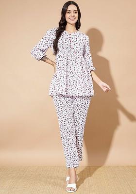 White Floral Printed Vneck Threequarter Sleeves Tunic With Trouser
