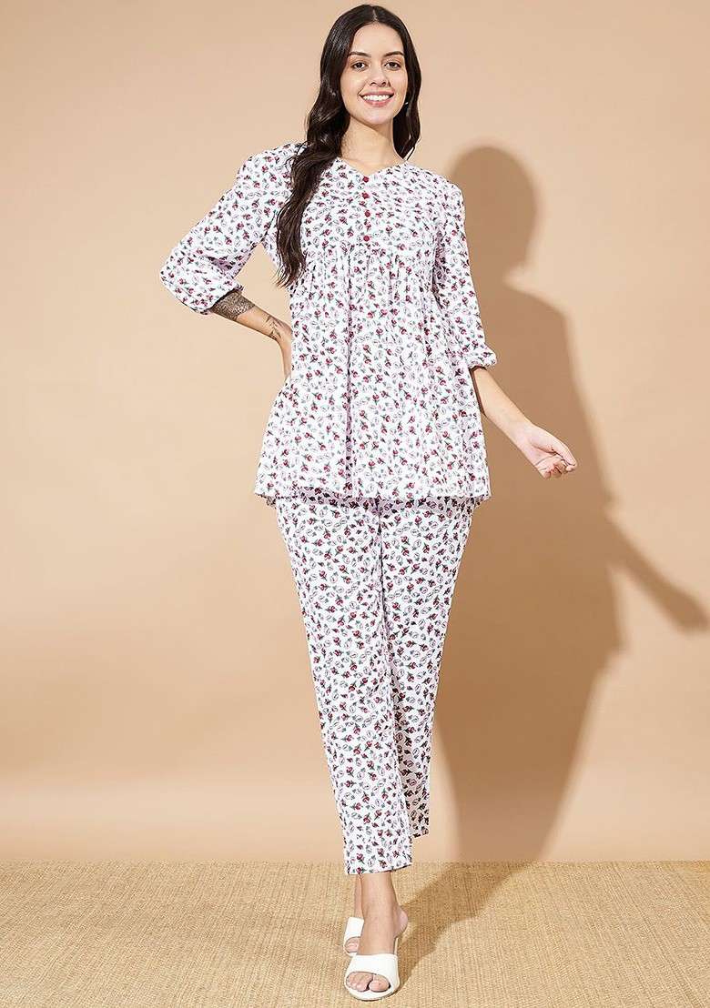 White Floral Printed Vneck Threequarter Sleeves Tunic With Trouser - Indya