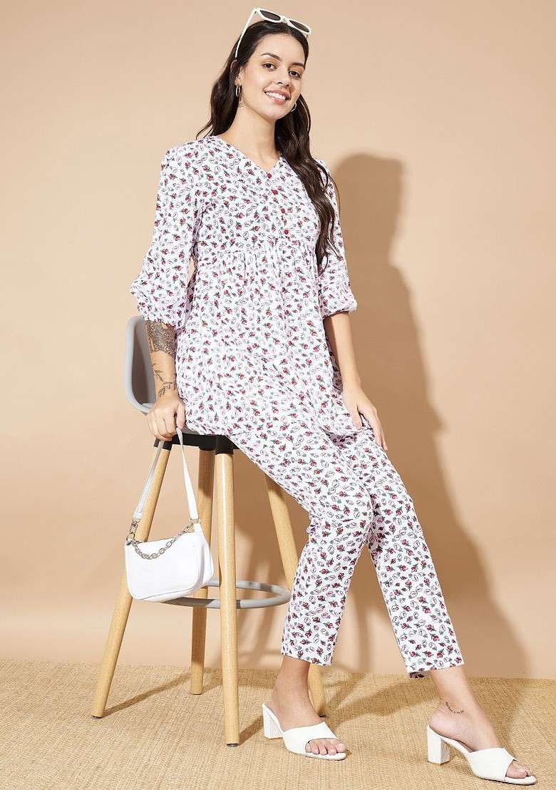 White Floral Printed Vneck Threequarter Sleeves Tunic With Trouser - Indya