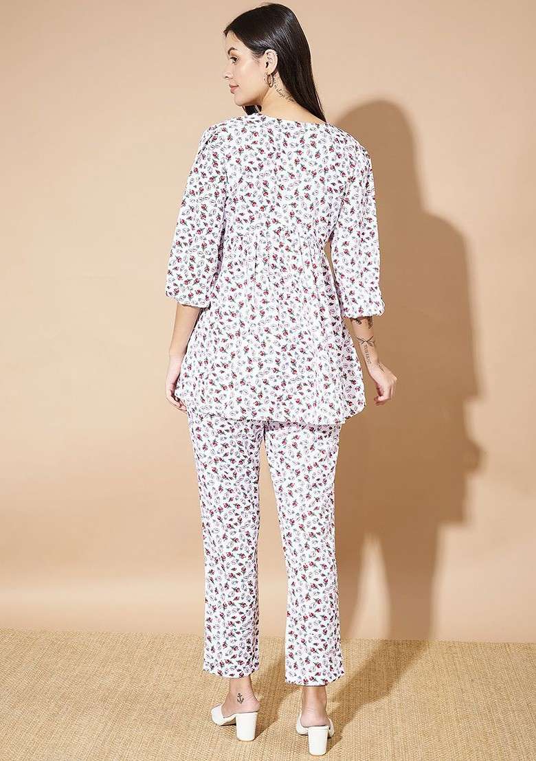 White Floral Printed Vneck Threequarter Sleeves Tunic With Trouser - Indya
