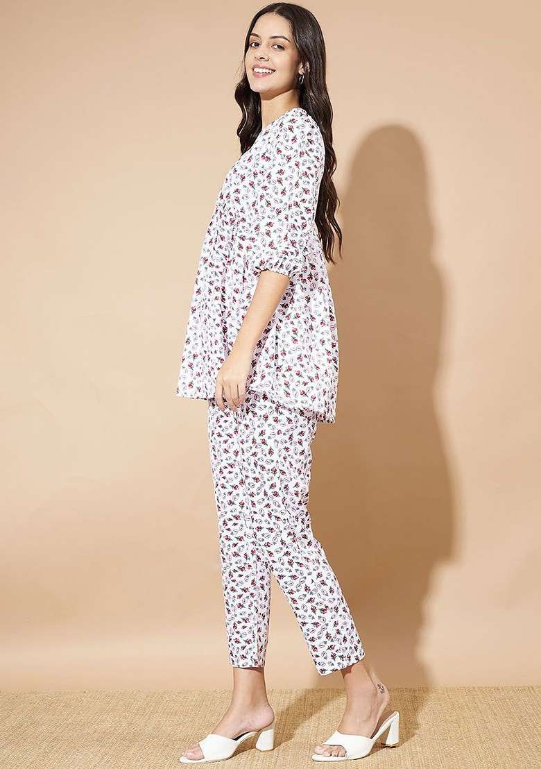 White Floral Printed Vneck Threequarter Sleeves Tunic With Trouser - Indya