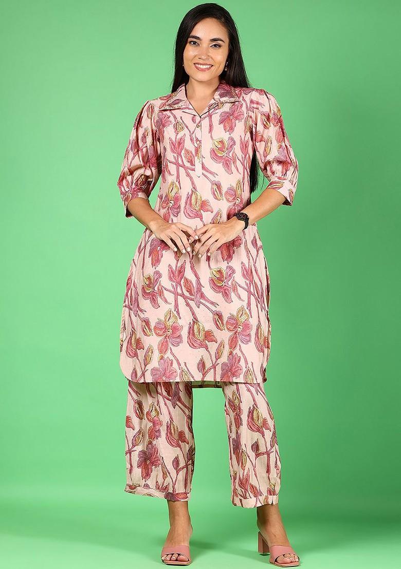 Pink Ethnic Printed Shirt Collar Neck Tunic With Trousers Coords