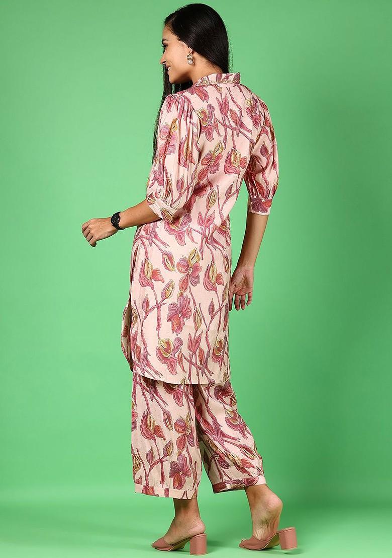Pink Ethnic Printed Shirt Collar Neck Tunic With Trousers Coords
