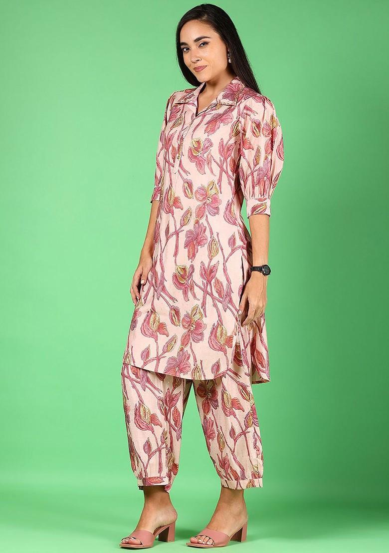 Pink Ethnic Printed Shirt Collar Neck Tunic With Trousers Coords