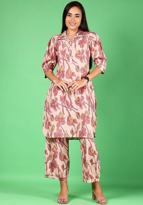 Pink Ethnic Printed Shirt Collar Neck Tunic With Trousers Coords