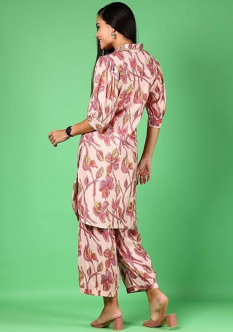 Pink Ethnic Printed Shirt Collar Neck Tunic With Trousers Coords