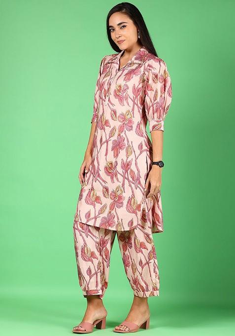 Pink Ethnic Printed Shirt Collar Neck Tunic With Trousers Coords