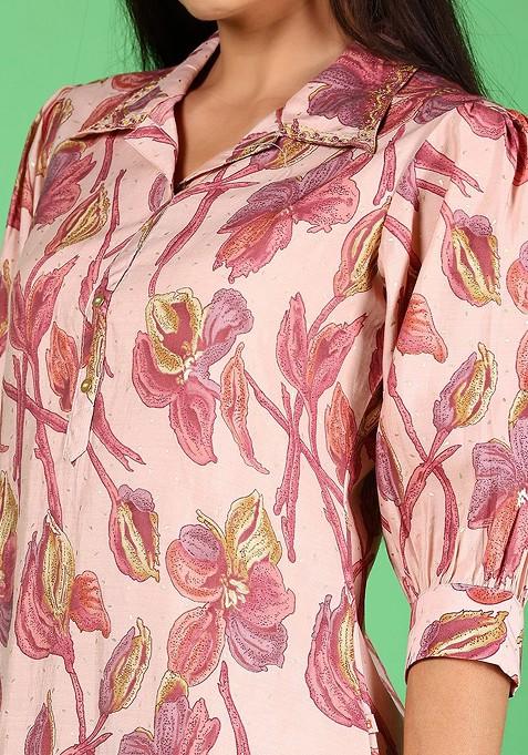 Pink Ethnic Printed Shirt Collar Neck Tunic With Trousers Coords