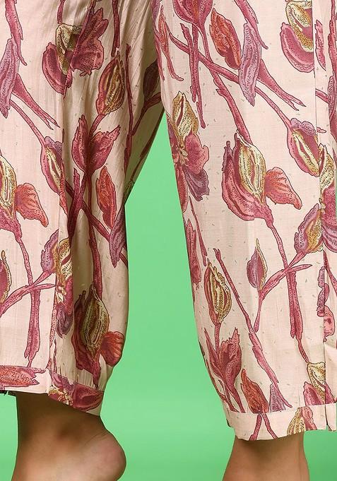 Pink Ethnic Printed Shirt Collar Neck Tunic With Trousers Coords