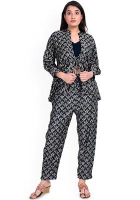 Navy Blue Ethnic Motifs Printed Shoulder Straps Velvet Top With Trousers And Jacket