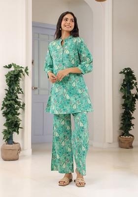 Green Floral Printed Mandarin Collar Tunic With Palazzos