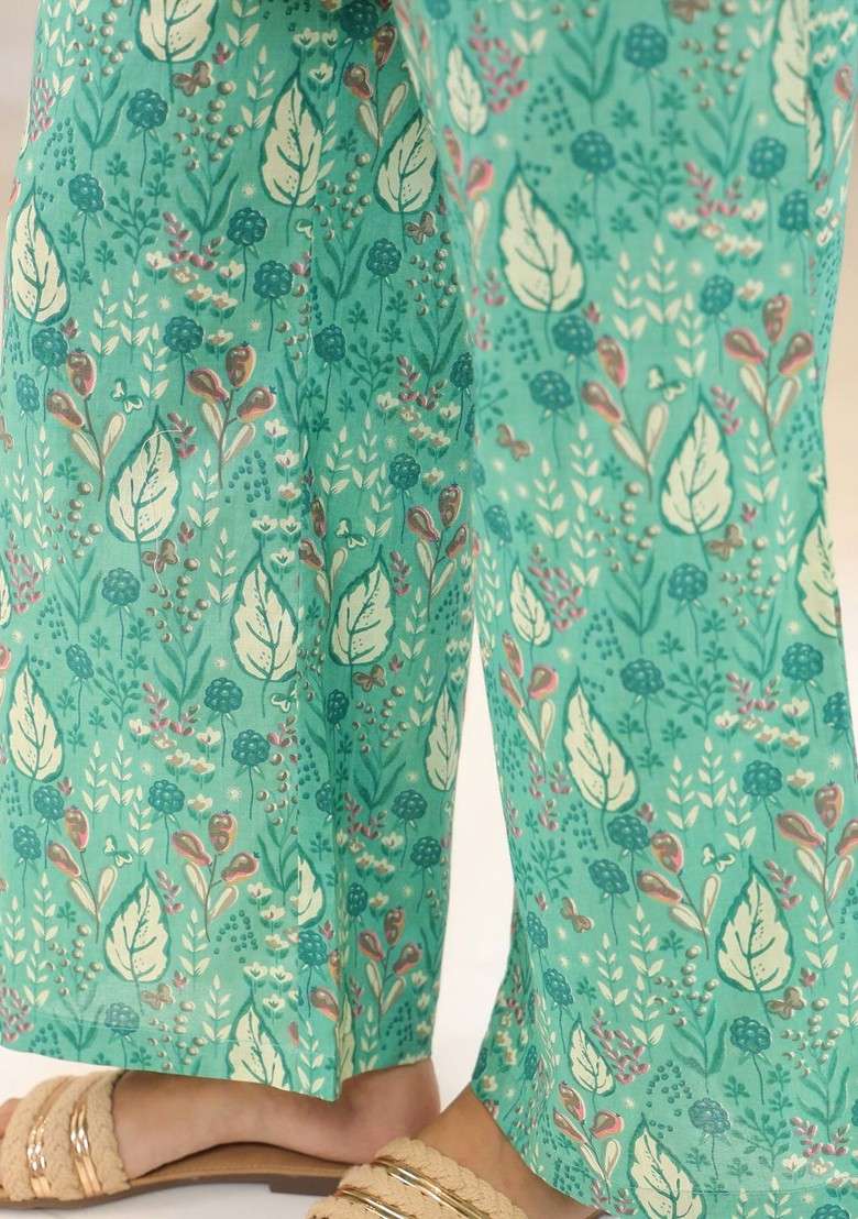 Green Floral Printed Mandarin Collar Tunic With Palazzos - Indya