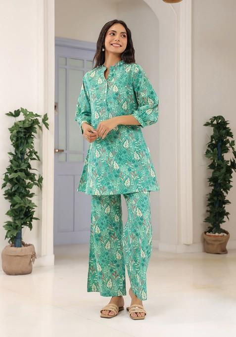 Green Floral Printed Mandarin Collar Tunic With Palazzos