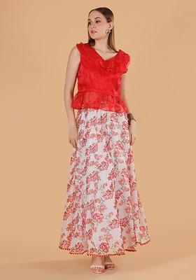 Red Organza Frilled Top And Floral Print Silk Skirt Co Ords Set
