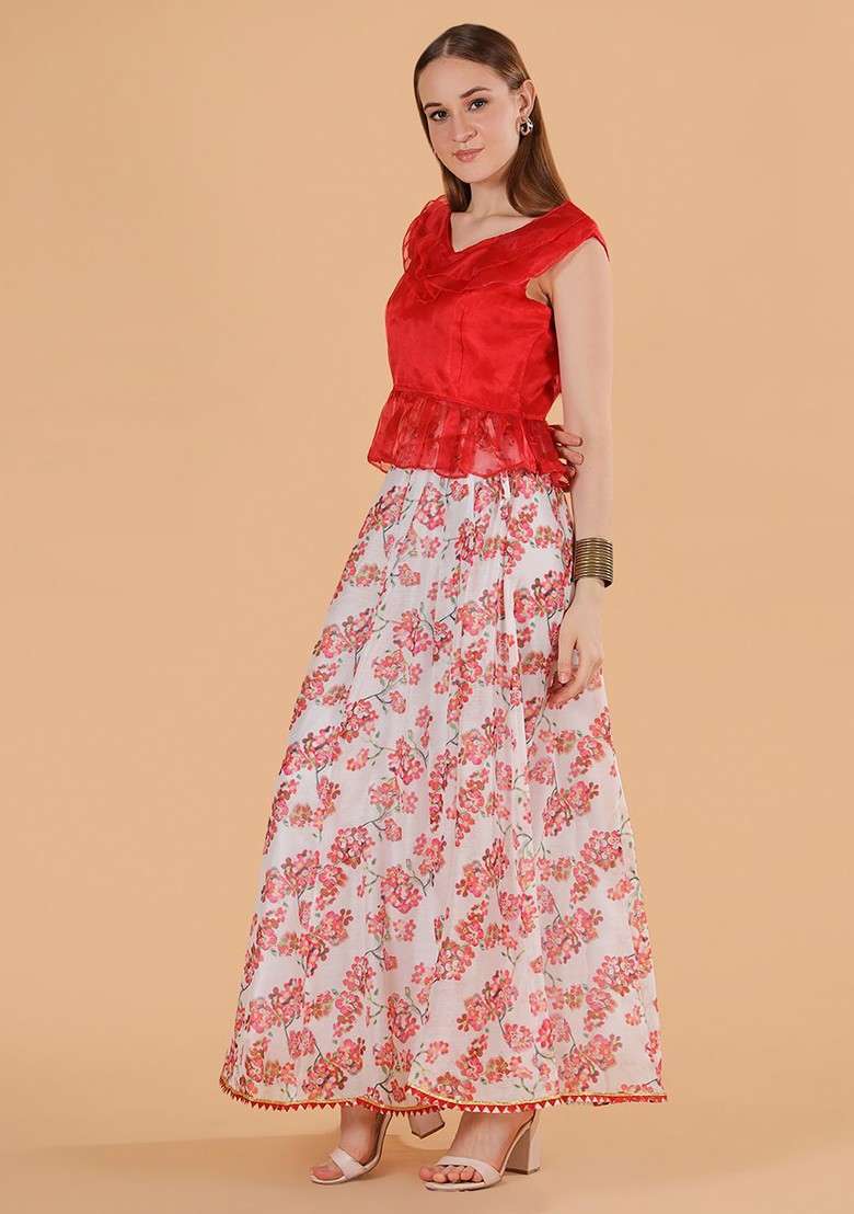 Red Organza Frilled Top And Floral Print Silk Skirt Co Ords Set - Indya