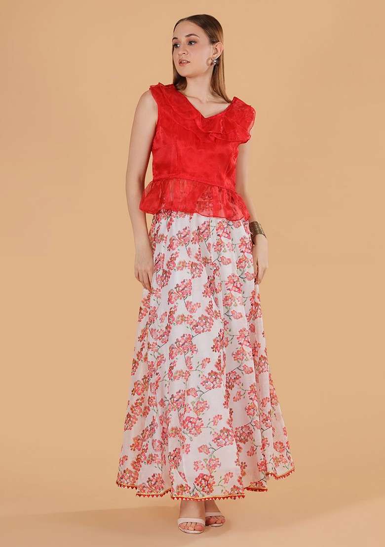 Red Organza Frilled Top And Floral Print Silk Skirt Co Ords Set - Indya