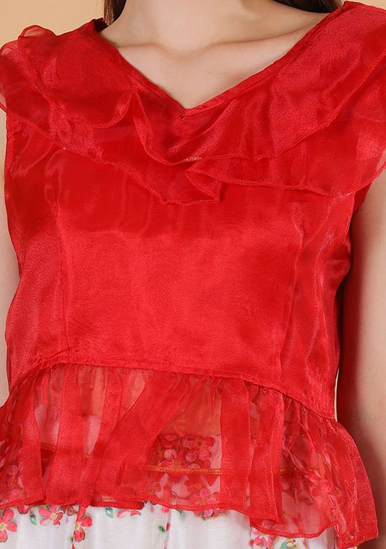 Red Organza Frilled Top And Floral Print Silk Skirt Co Ords Set - Indya